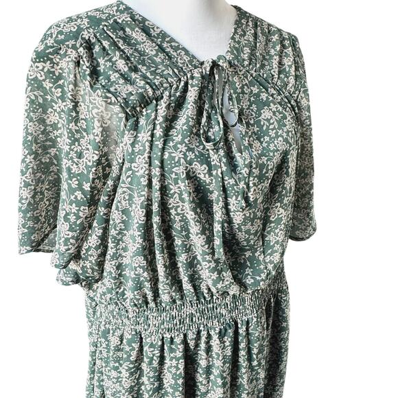 LUXOLOGY Women 3X Green Beige Floral Short Sleeve Elastic Waist Lined Maxi Dress - Picture 1 of 8